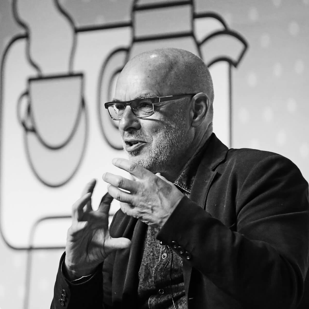 Photograph of Brian Eno (musician) at Cannes Lions 2017 by Julian Hanford